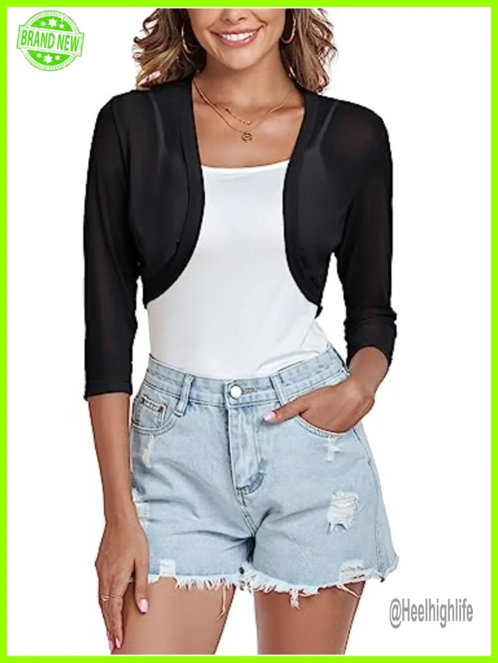 Semi Sheer 3/4 Sleeve Open Front Cardigan Bolero Jacket